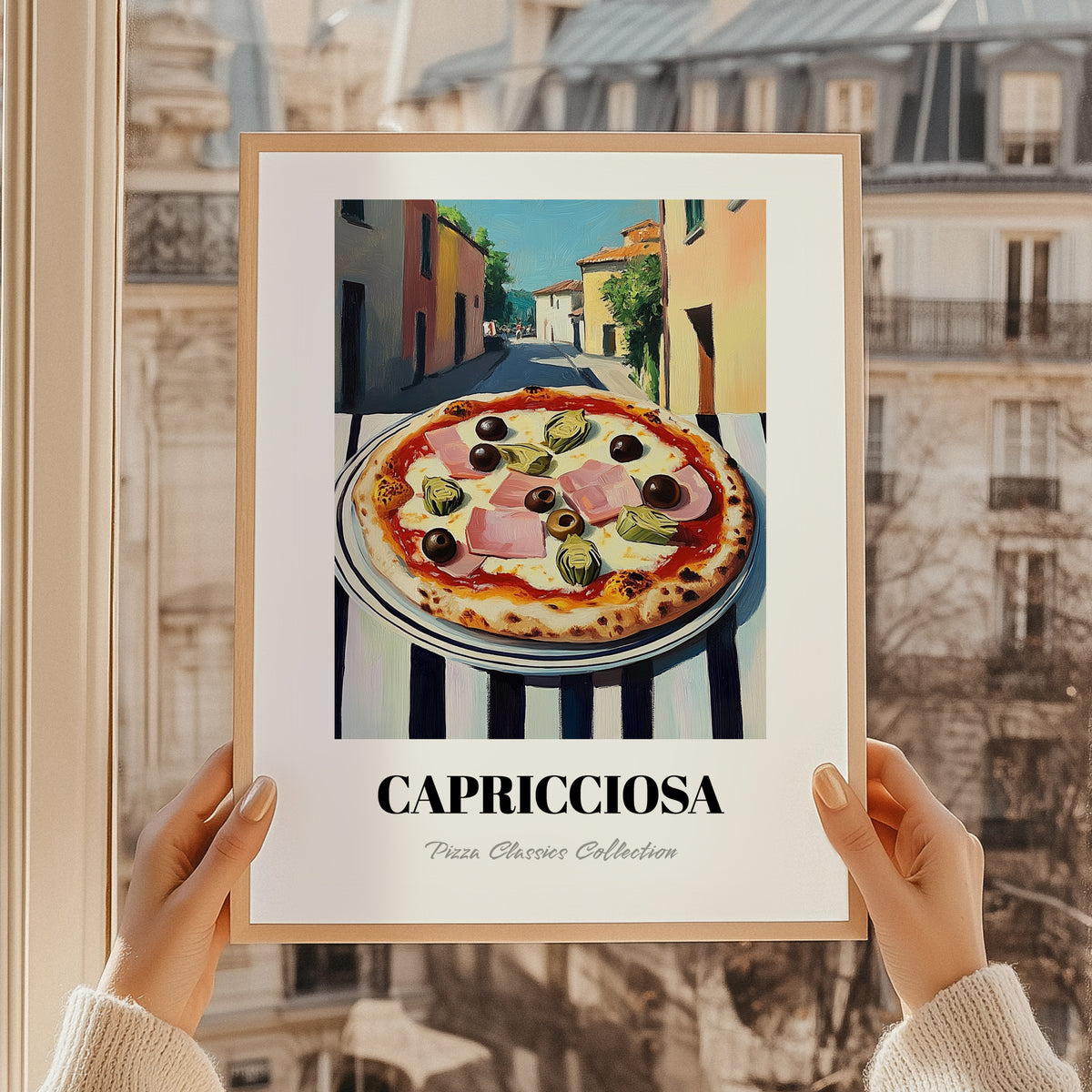 Pizza Capricciosa – Italian Street Café Scene, Pizza Still Life, styled in a charming Paris street view