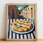Pizza Focaccia – Italian Street Café Scene, Pizza Illustration, no-text version framed in wood