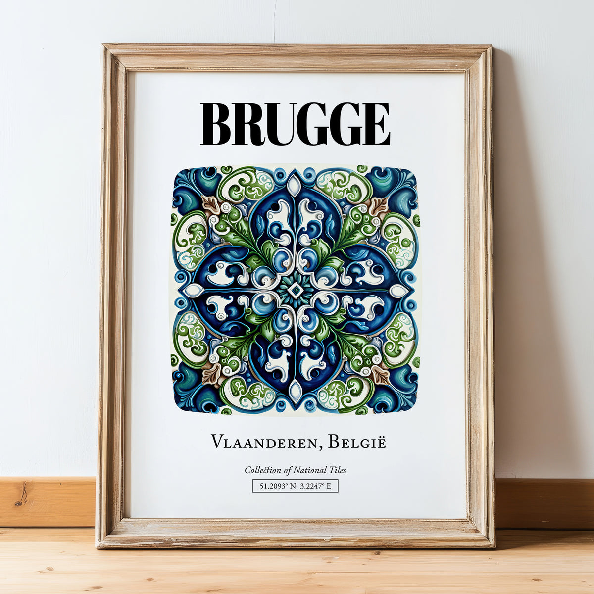 Bruges, Belgium – Travel Poster, in wooden frame leaning on the floor