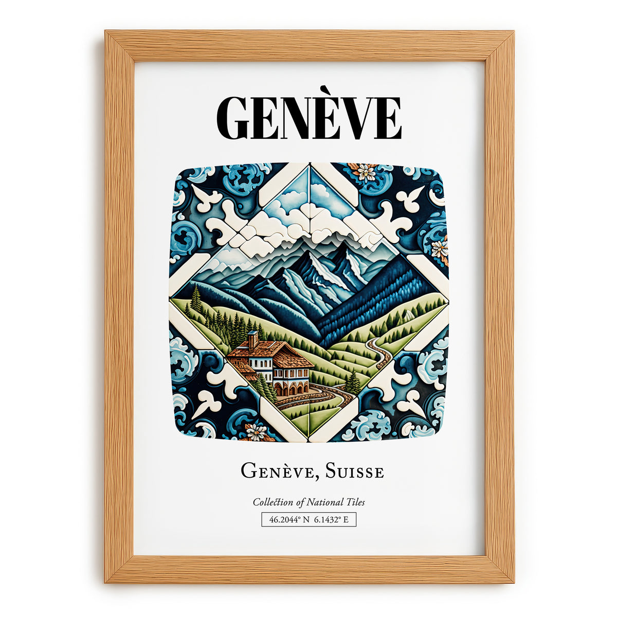 Genève, Switzerland – Vintage Travel Poster, set in oak frame