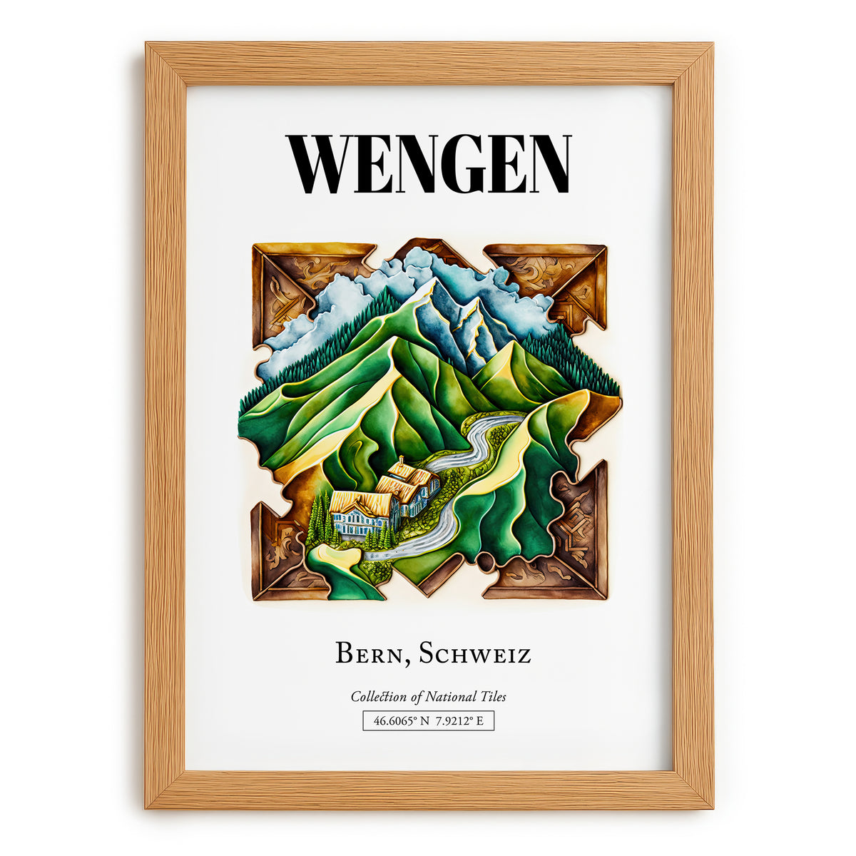 Wengen, Switzerland – Travel Poster, set in oak frame
