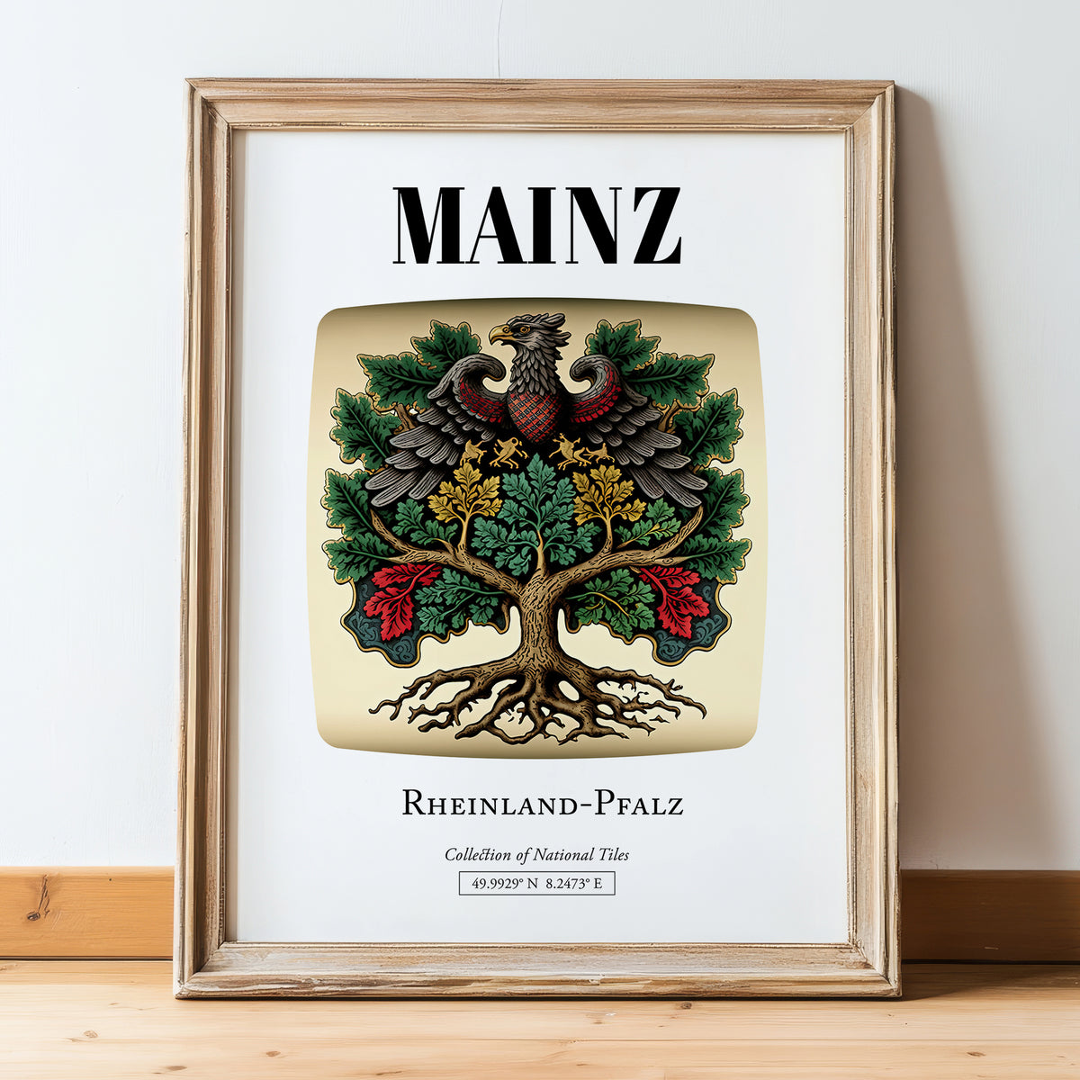 Mainz, Germany – Historic Cities Art Print, in wooden frame leaning on the floor