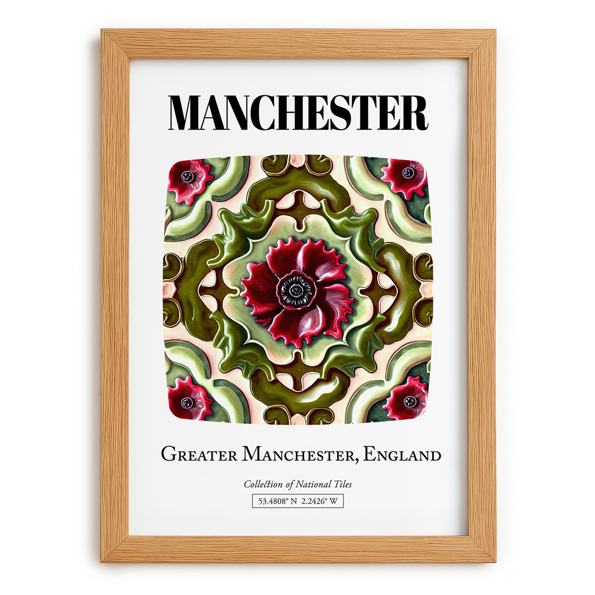 Manchester, England – Illustrated Travel Poster, set in oak frame