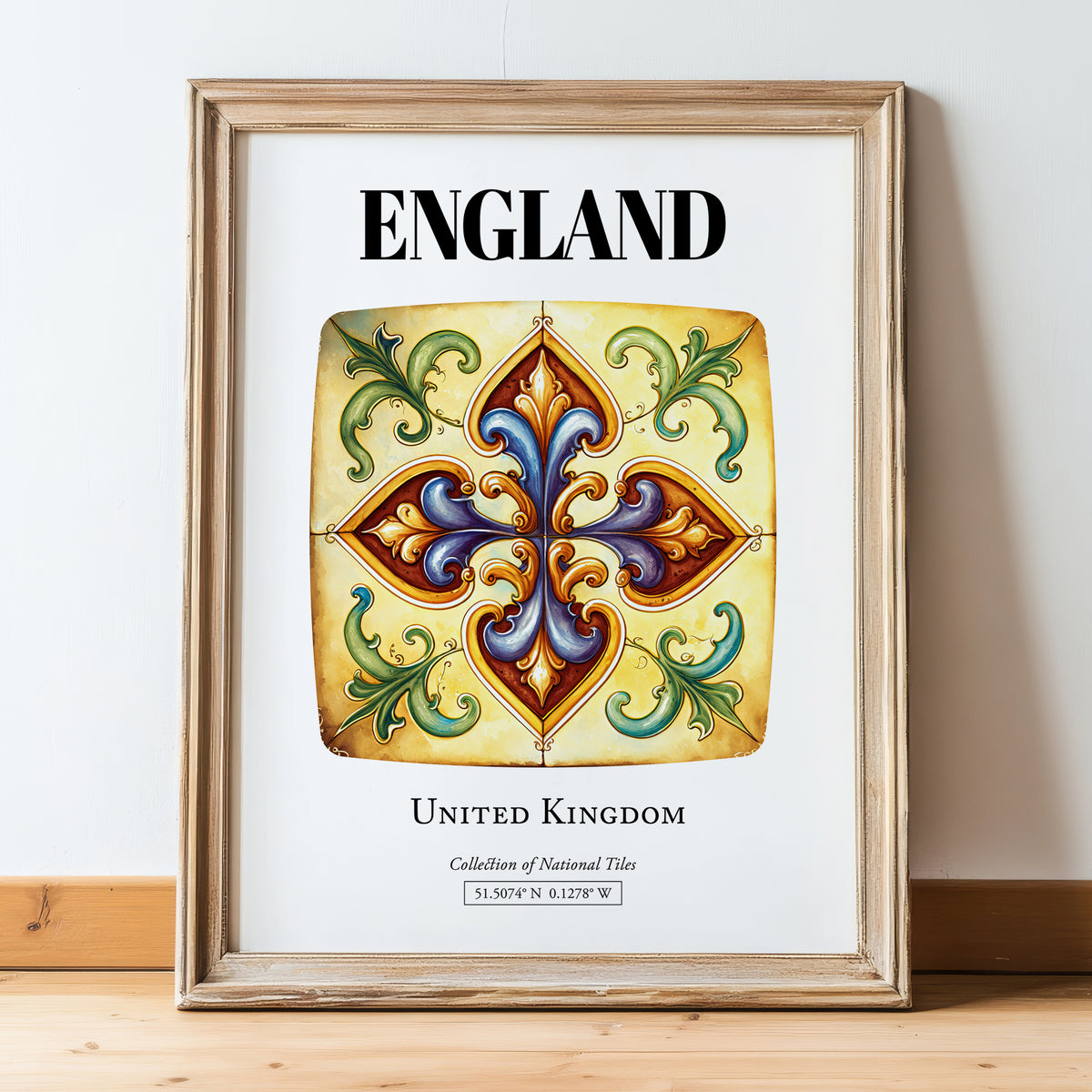 England, The United Kingdom – Tourist Destination Poster, in wooden frame leaning on the floor
