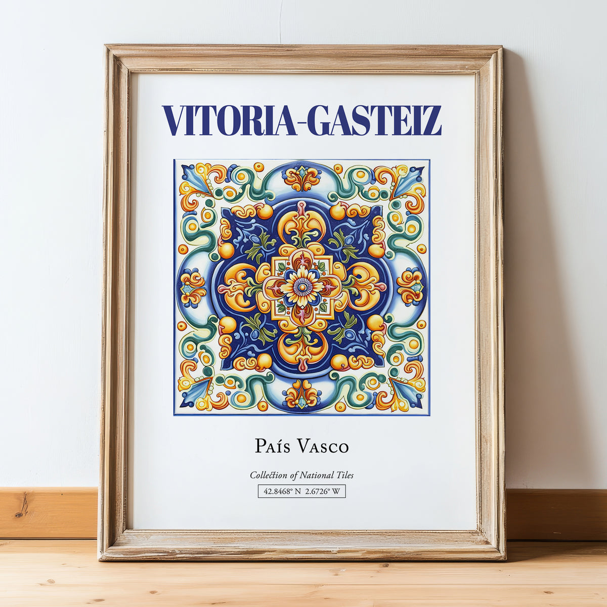 Vitoria-Gasteiz, Spain – Travel Print, in wooden frame leaning on the floor