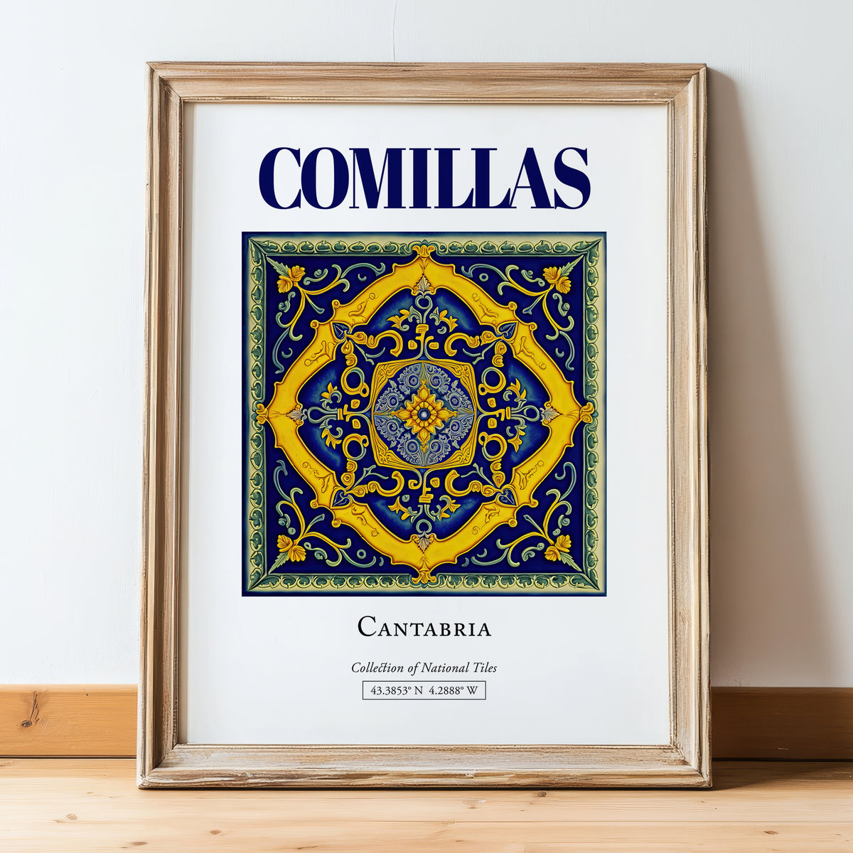 Comillas, Spain – Tourist Destination Poster, in wooden frame leaning on the floor