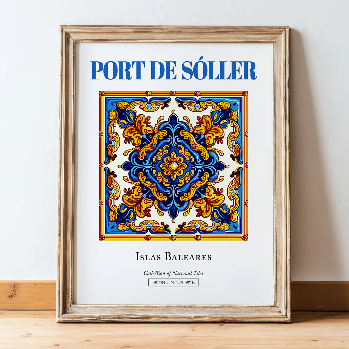 Port de Sóller, Spain – Travel Poster, in wooden frame leaning on the floor