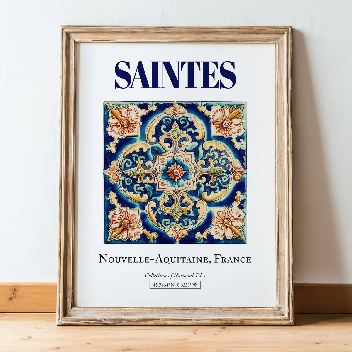 Saintes, France – Travel Poster, in wooden frame leaning on the floor