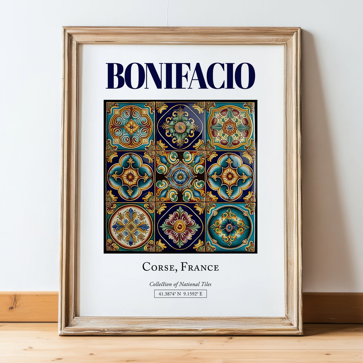 Bonifacio, France – Travel Poster, in wooden frame leaning on the floor
