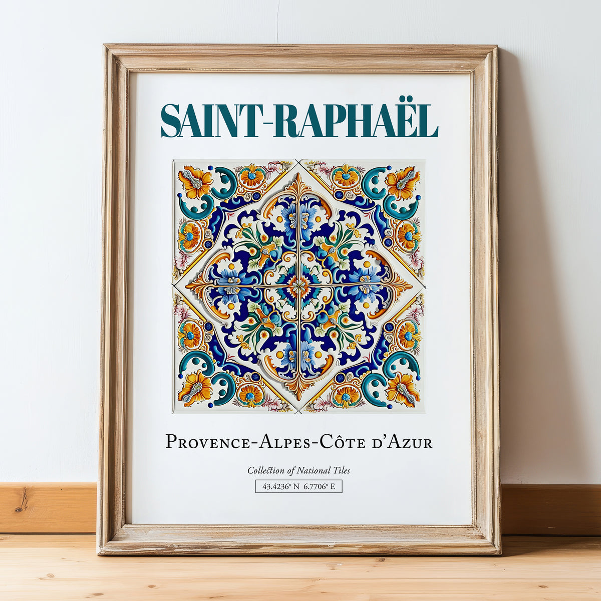 Saint-Raphaël, France – Travel Poster, in wooden frame leaning on the floor