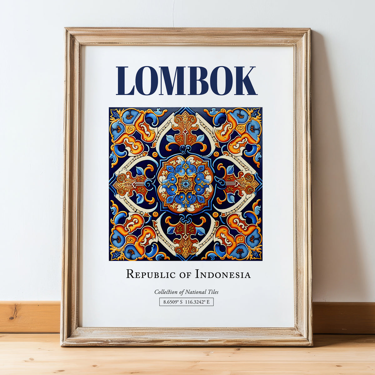 Lombok, Indonesia – Travel Memories Wall Print, in wooden frame leaning on the floor