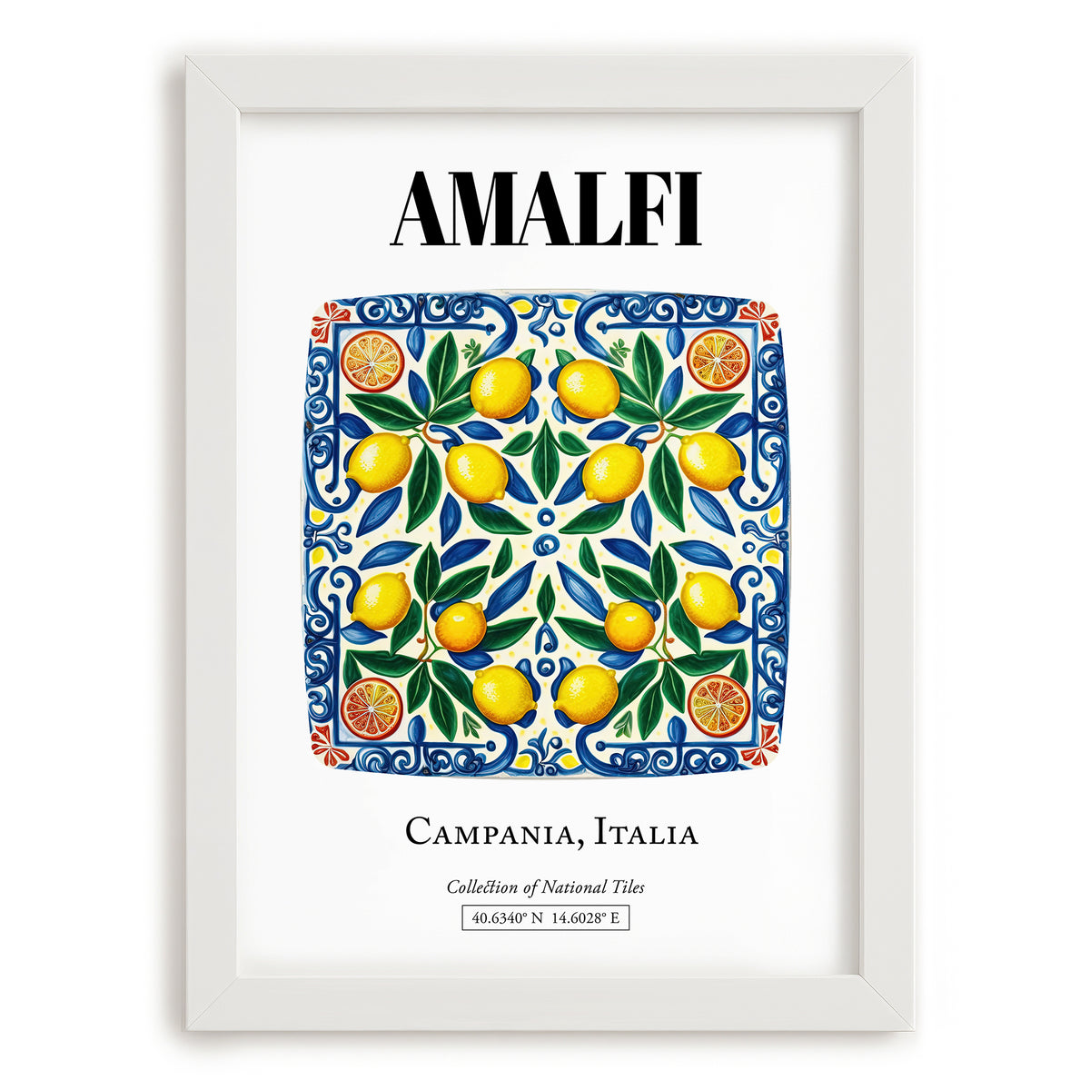 Amalfi, Italy – Travel Poster, placed in minimal white frame