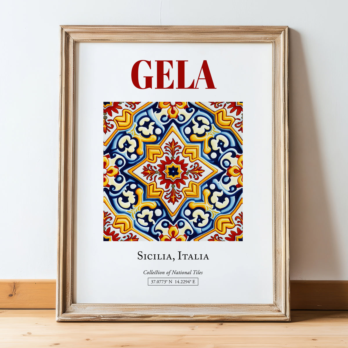 Gela, Italy – Travel Wall Art, in wooden frame leaning on the floor
