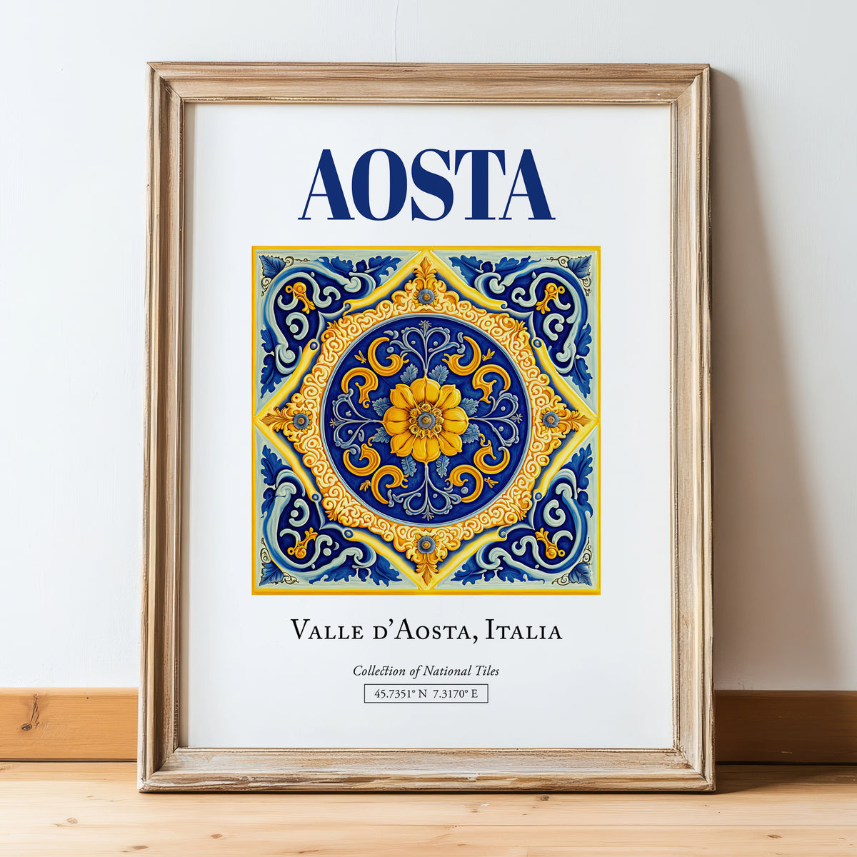Aosta, Italy – Travel Poster, in wooden frame leaning on the floor