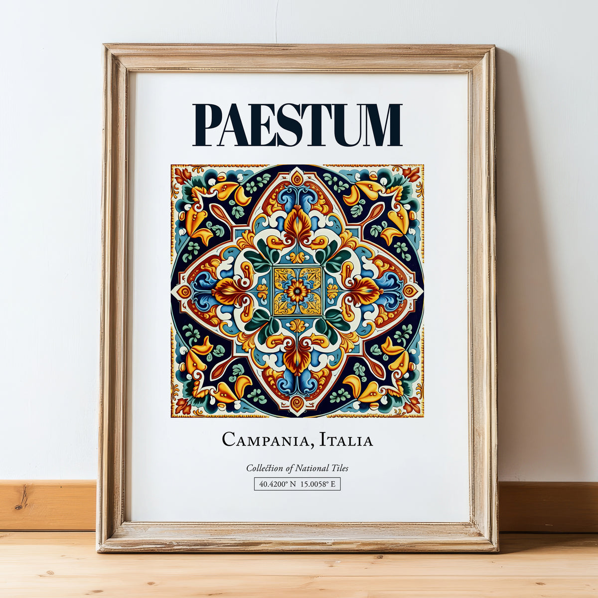 Paestum, Italy – Travel Poster, in wooden frame leaning on the floor