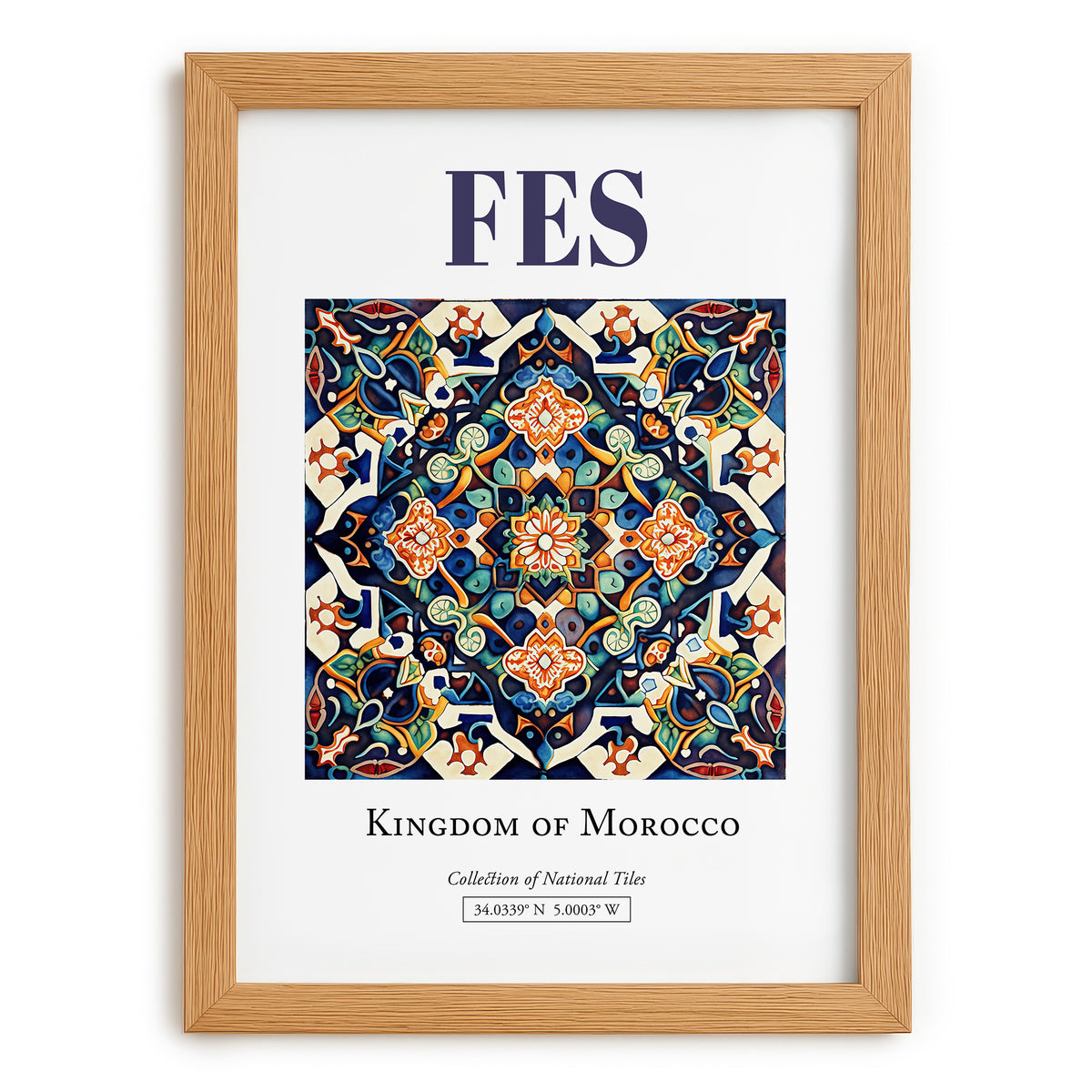 Fes, Morocco – Travel Poster, set in oak frame