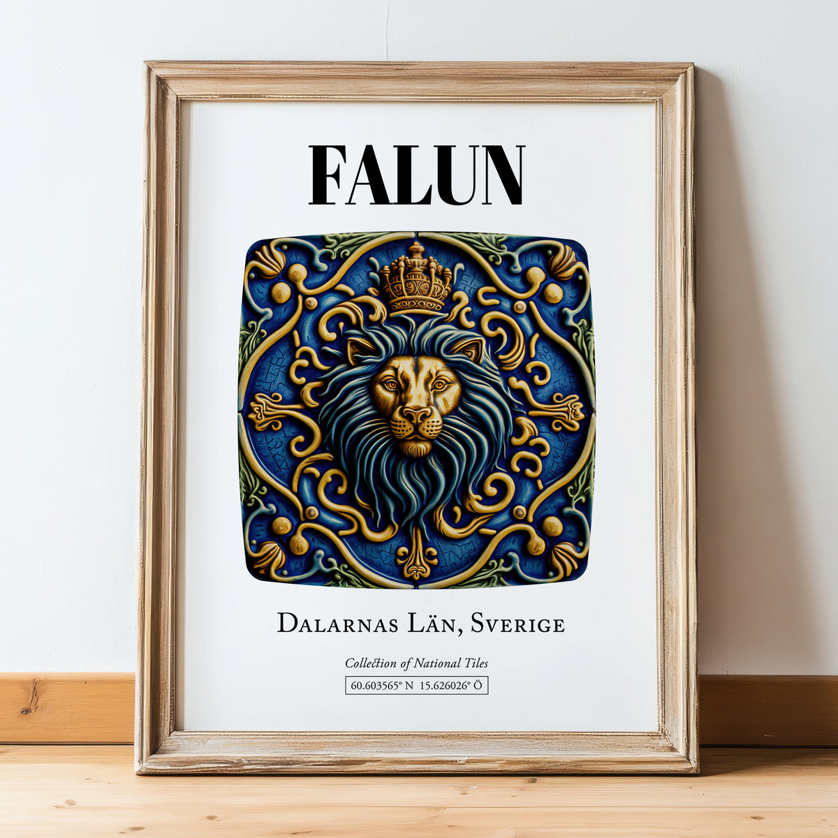 Falun, Sweden – Travel Poster, in wooden frame leaning on the floor