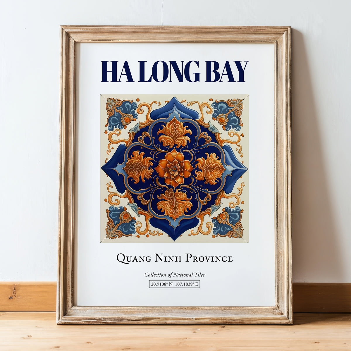 Ha Long Bay, Vietnam – Travel Poster, in wooden frame leaning on the floor