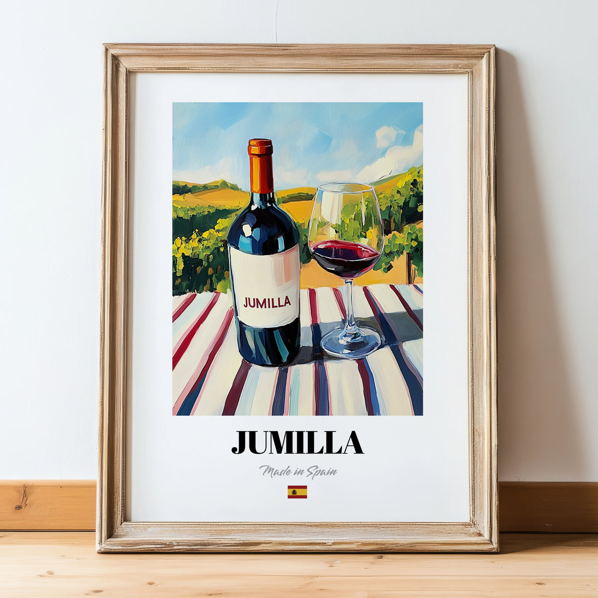 Jumilla – Spanish Red Wine, Wine Bar Poster, in wooden frame leaning on the floor