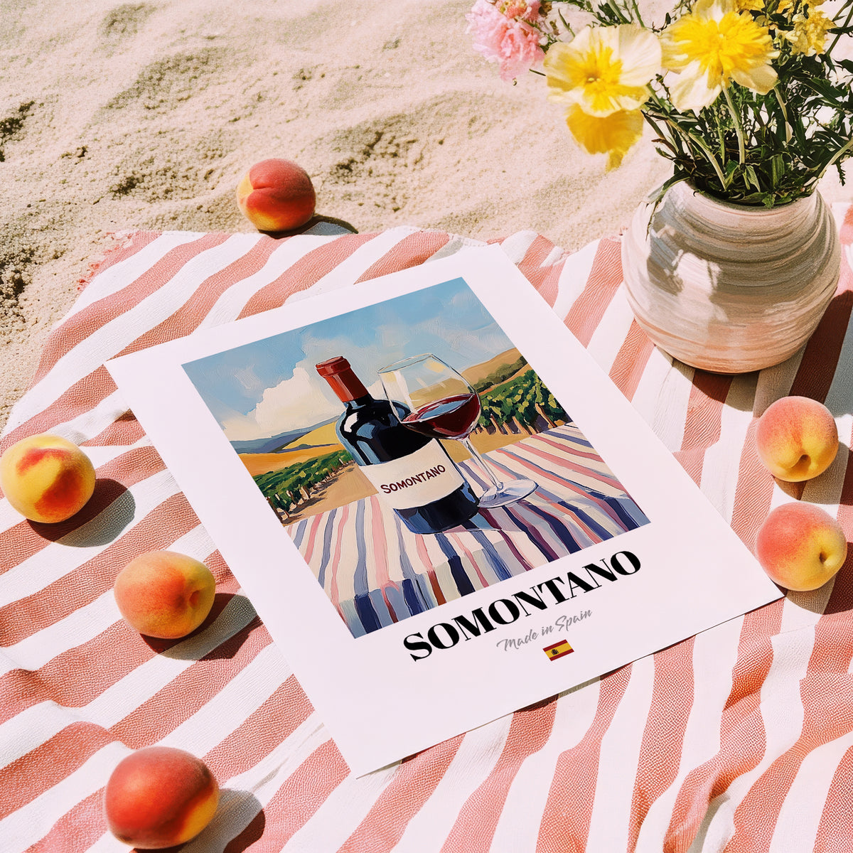 Somontano – Spanish Red Wine, Vineyard Terrace Poster, unframed on coastal sand