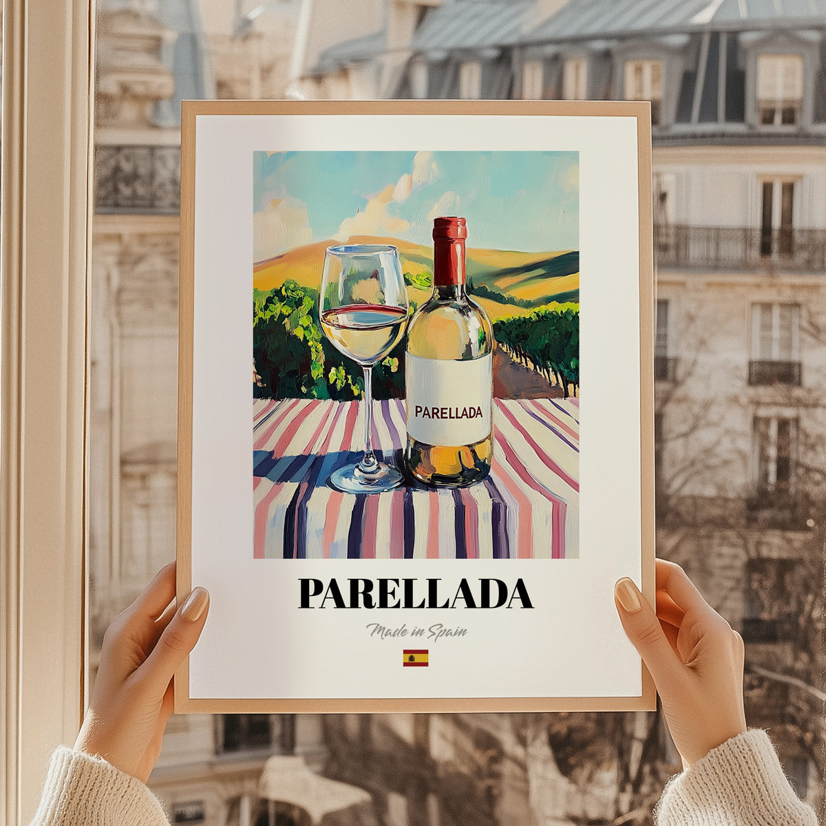 Parellada – Spanish White Wine, Wine Bar Wall Art, styled in a charming Paris street view