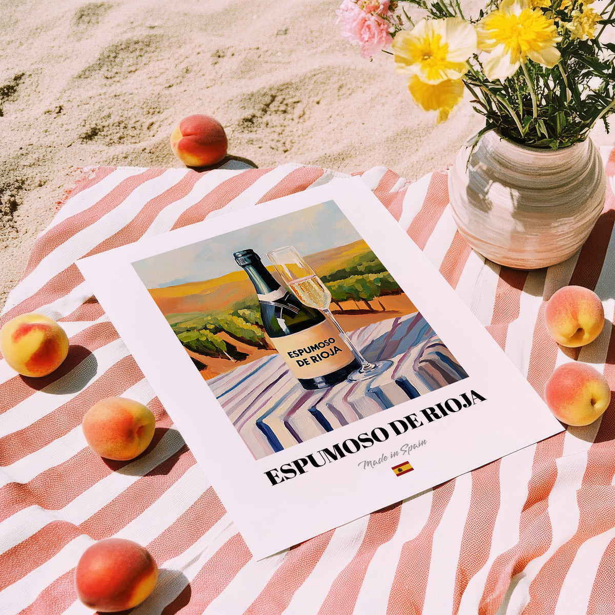 Espumoso de Rioja – Spanish Sparkling Wine, Vinoteca Illustration, unframed on coastal sand