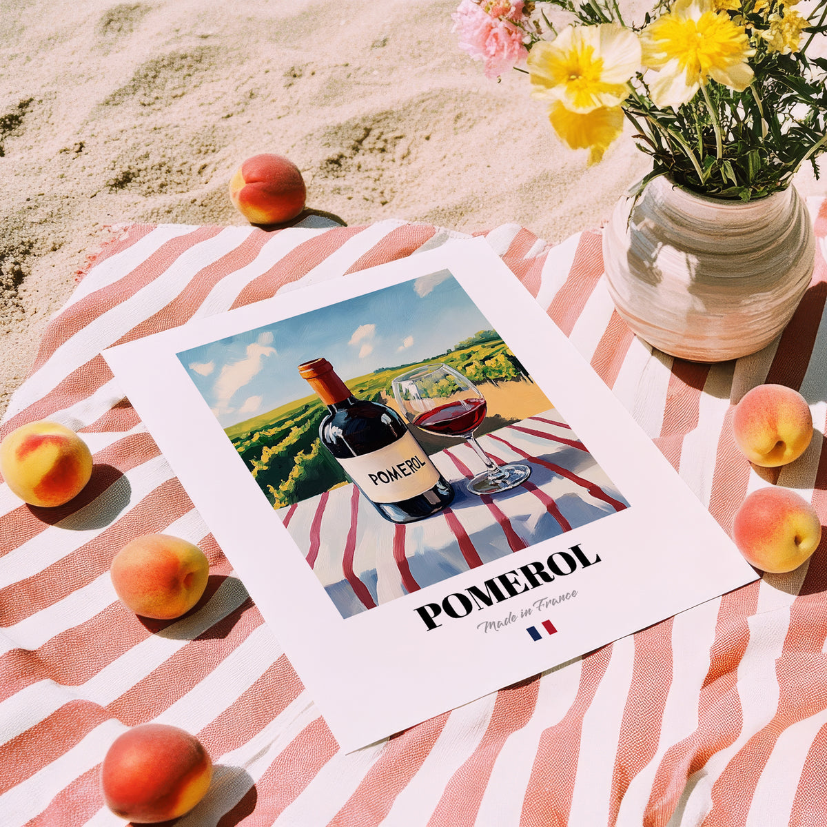 Pomerol – French Red Wine, Vinoteca Still Life, unframed on coastal sand