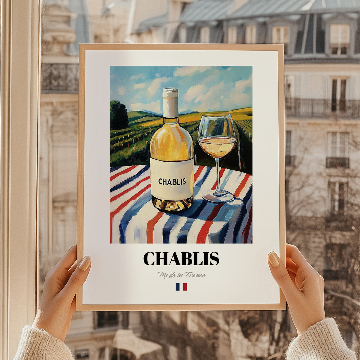 Chablis – French White Wine, Wine Bar Art, styled in a charming Paris street view