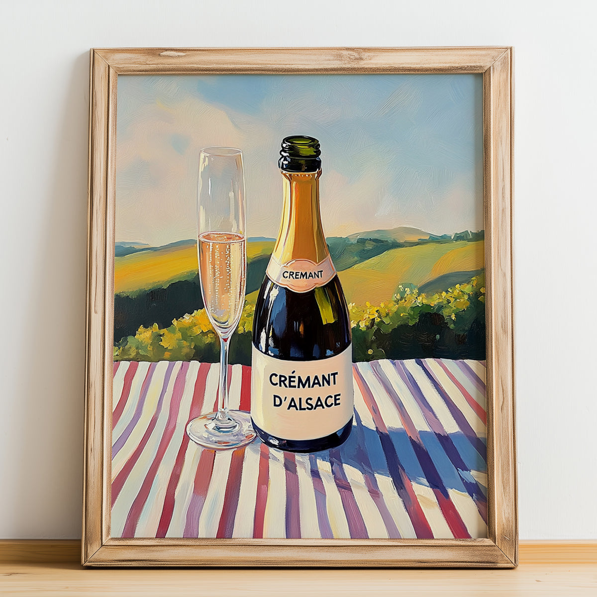 Crémant d'Alsace – French Sparkling Wine, Vineyard Terrace Wall Art, no-text version framed in wood