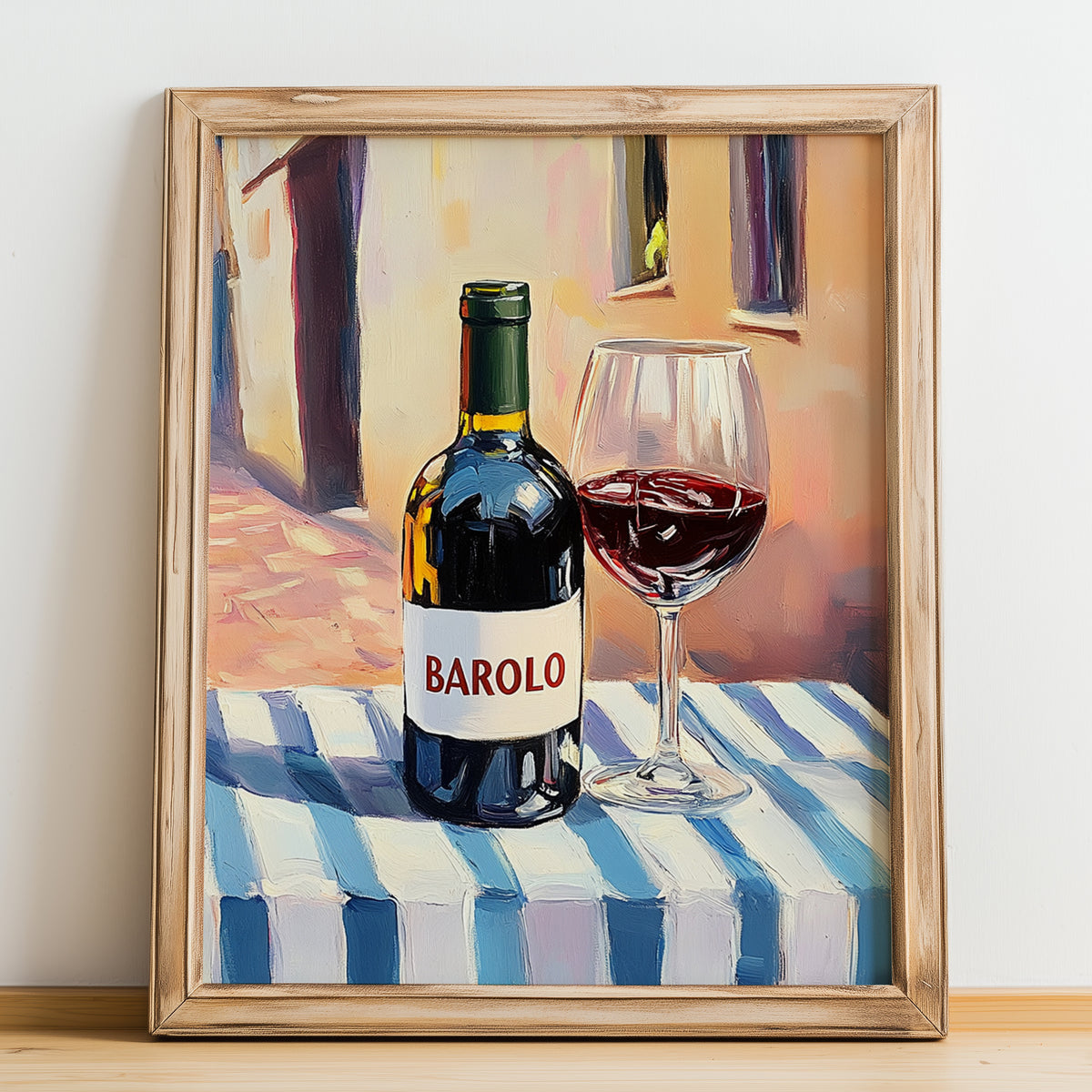 Barolo – Italian Red Wine, Vinoteca Still Life, no-text version framed in wood
