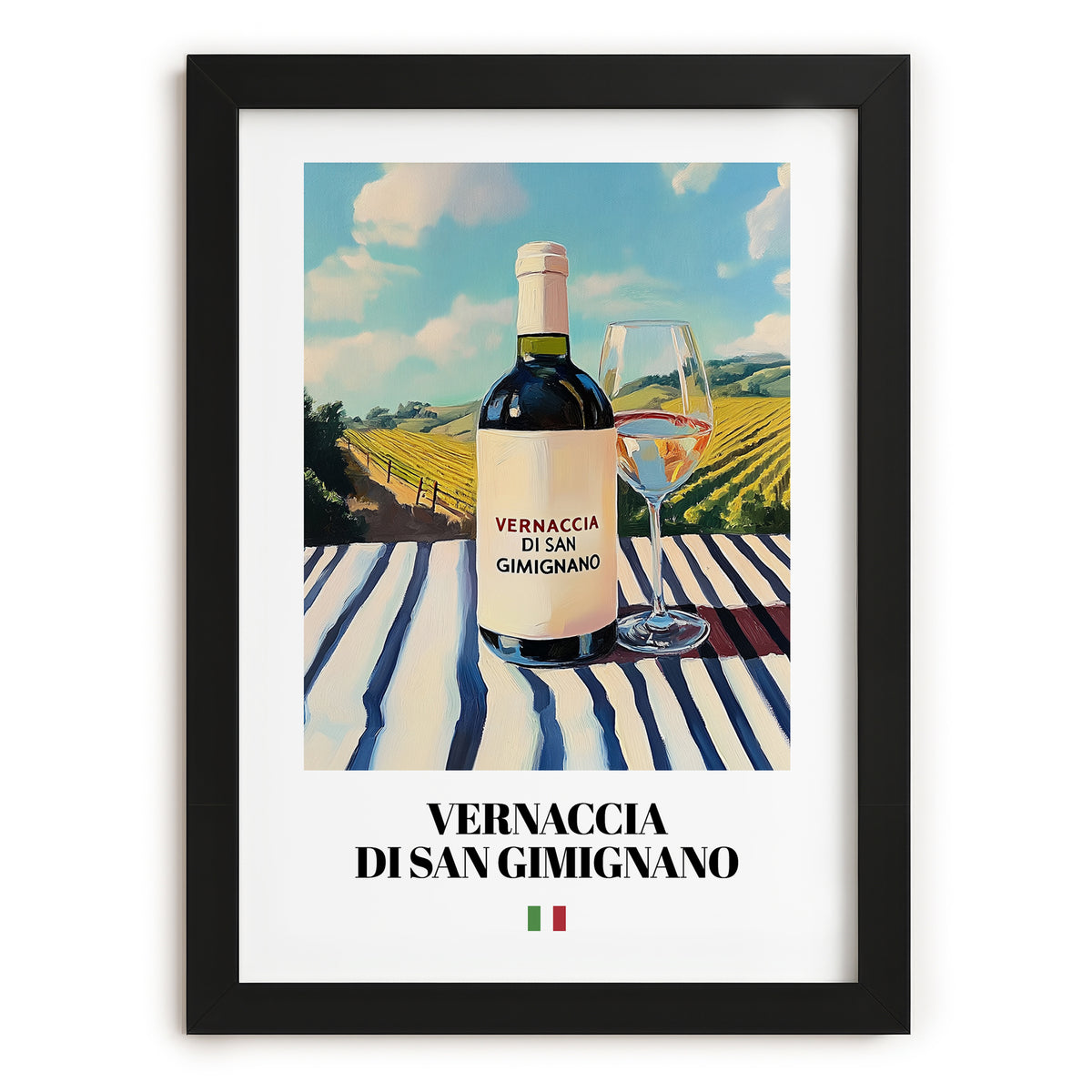 Vernaccia di San Gimignano – Italian White Wine, Wine Bar Poster, in sleek black frame