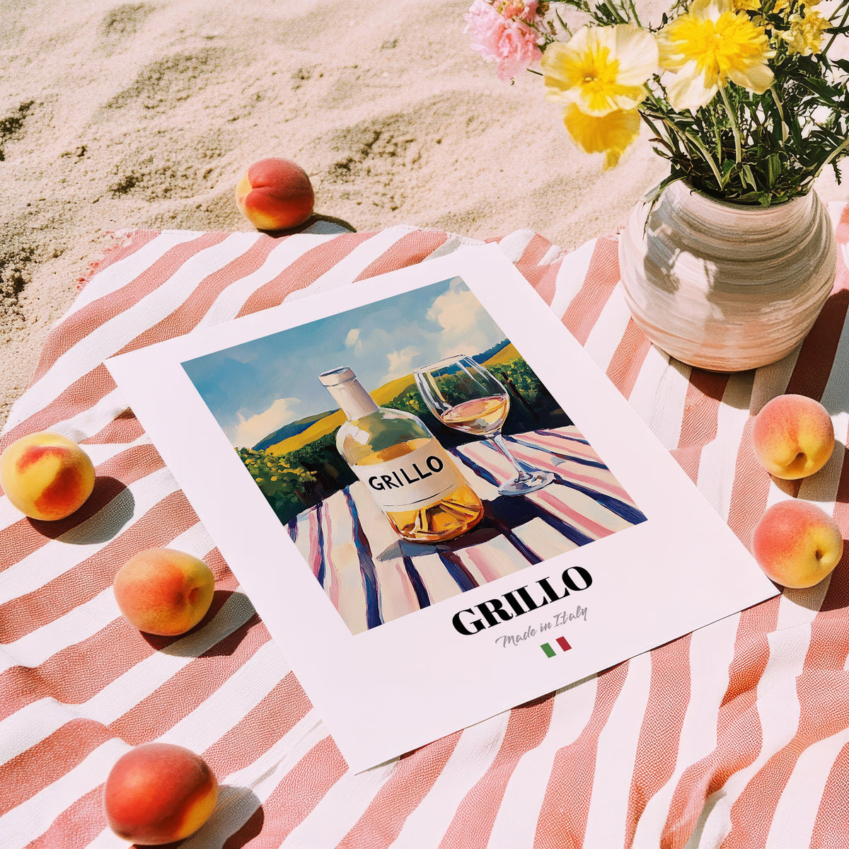 Grillo – Italian White Wine, Wine Bar Poster, unframed on coastal sand