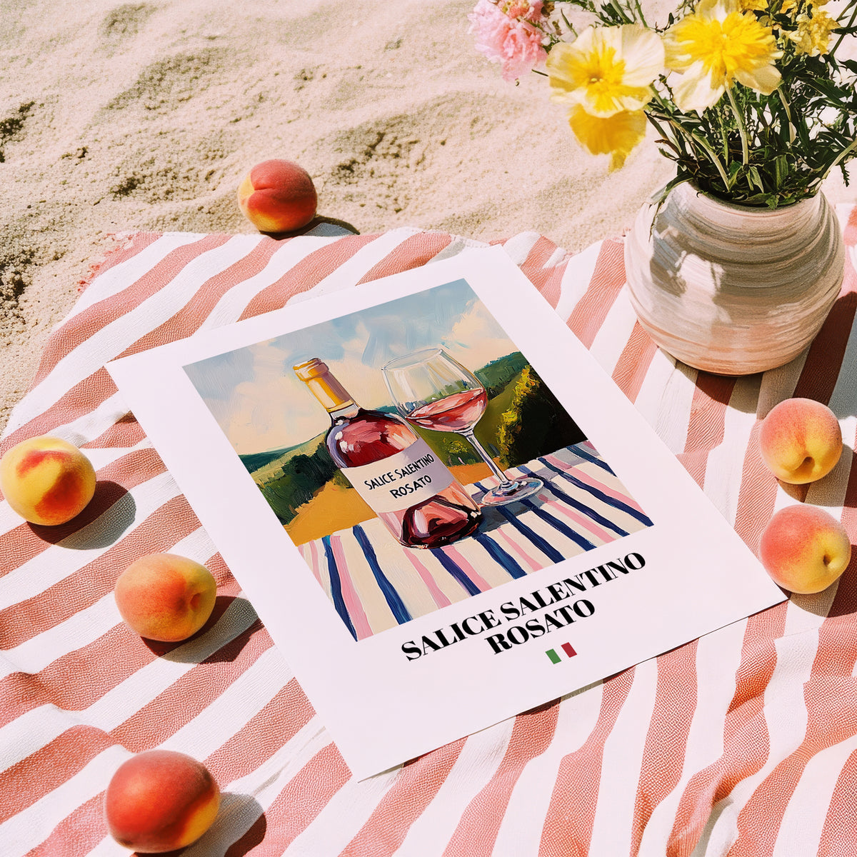 Salice Salentino Rosato – Italian Rose Wine, Tasting Room Wall Art, unframed on coastal sand